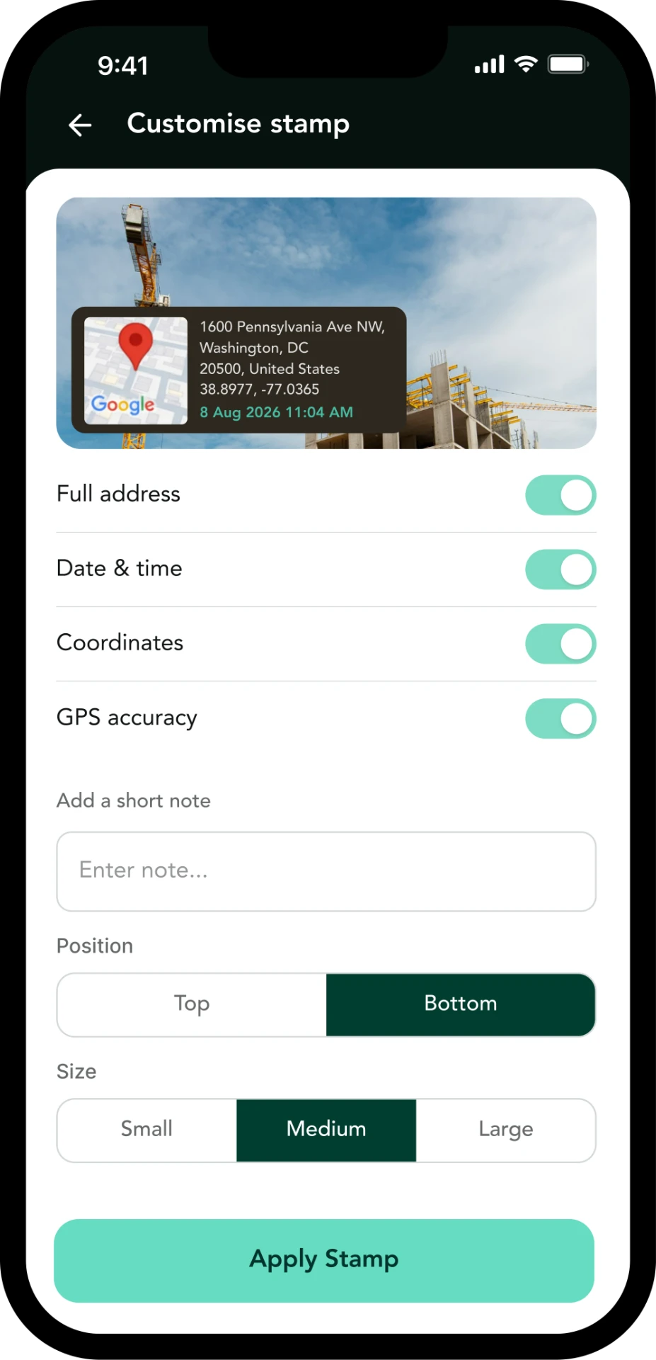 TagCam Customise stamp screen with toggles for address, date, coordinates and accuracy
