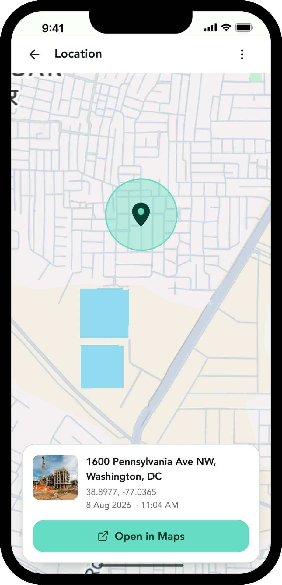 TagCam Location screen showing the capture pinned on a map with Open in Maps action