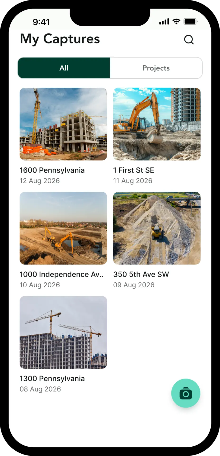 TagCam My Captures gallery with construction site photos grouped by date