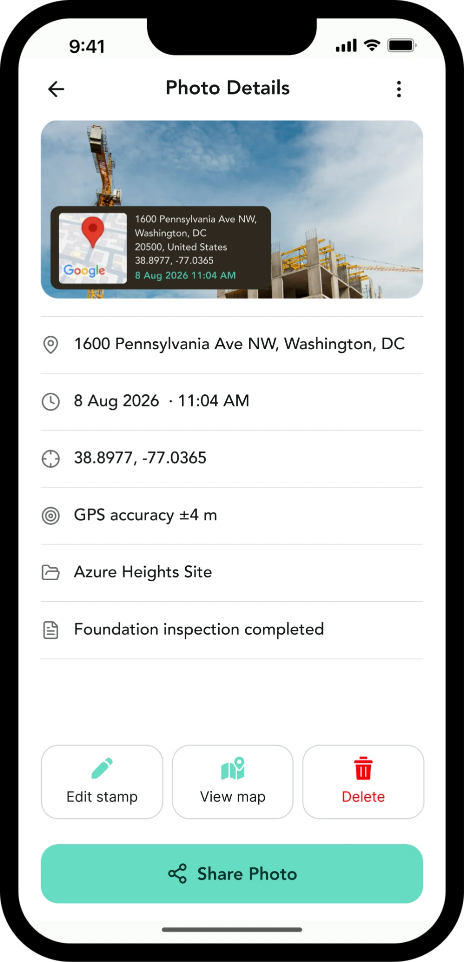 TagCam Photo Details screen with share, edit stamp and view map actions